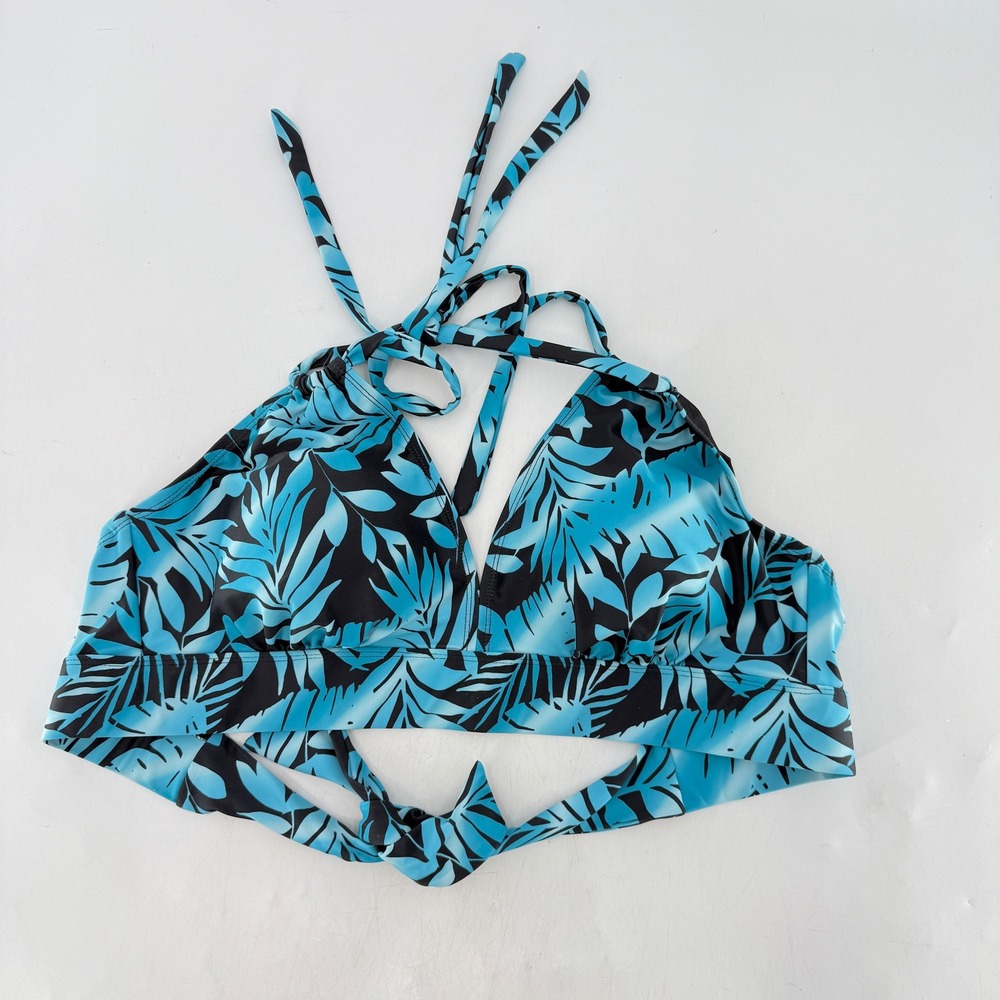 Swimsuits for all Tropical Blue Black Leaf‎ Print Halter Tie Swimsuit Bikini Top